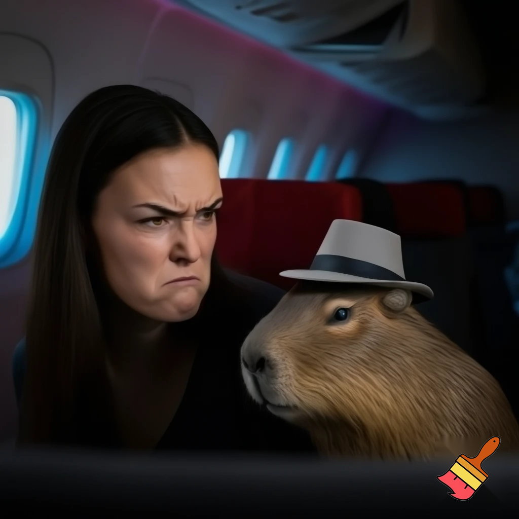a woman is mad at the capybara in a hat at the plane




