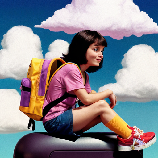 Little Dora purple backpack pink t-shirt orange sex short pants yellow socks white sneakers on a sitting big Cloud ride flying in the Sky the 1990s/early the 2000s mario