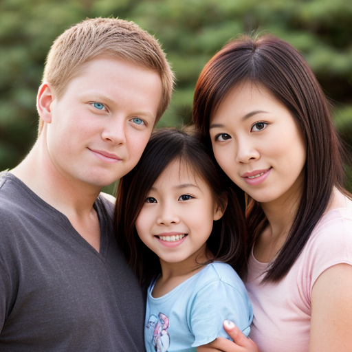 can you make a photo of a family of three thats not asian I have blonde hair and blue eyes 