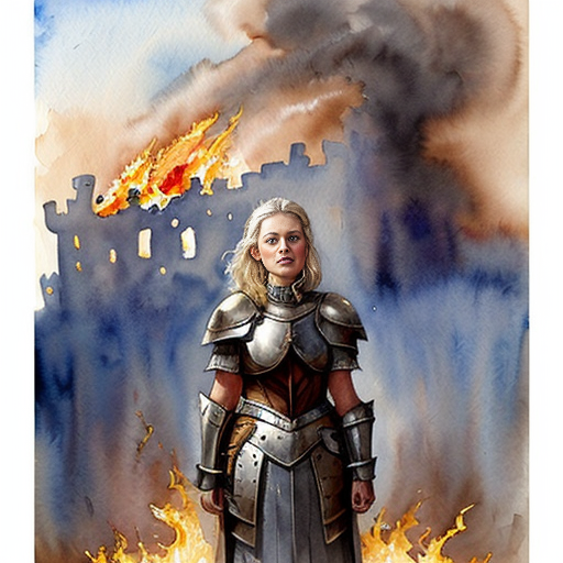 young, tall, white-haired woman in armor stands in front of a burning castle into which meteorites are falling.