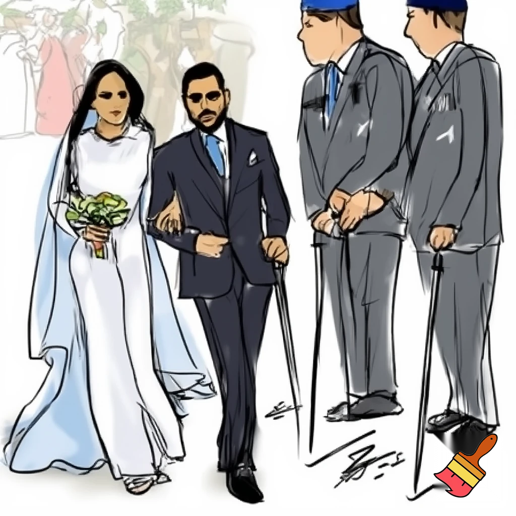 arab princess walking down the aisle next to her soon to be husband side view looking sad sketch