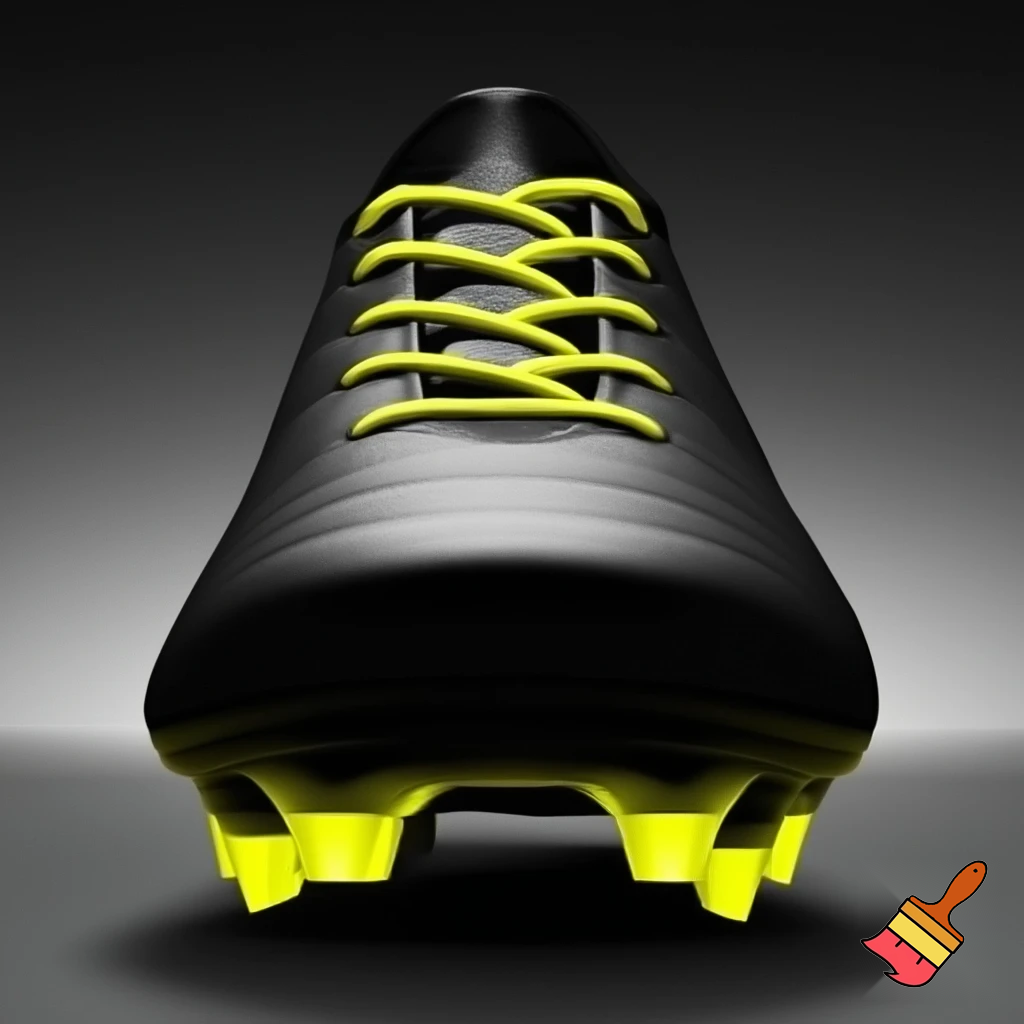 a plain black soccer boot with yellow studs with yellow shoelaces facing me