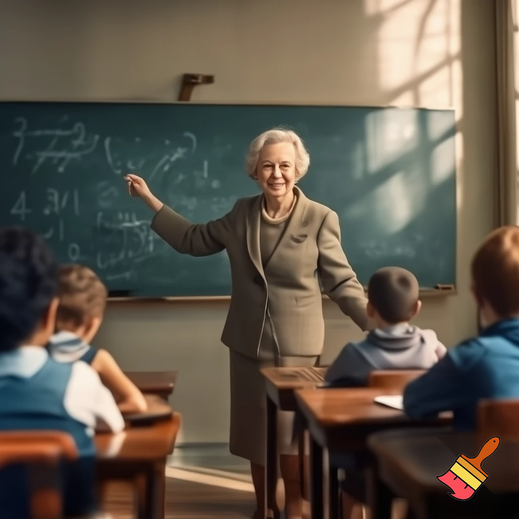 Make an image of a rich older woman at a school teaching a class.