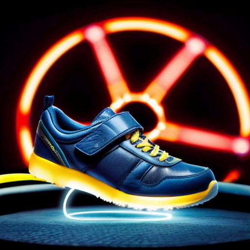 a shoe that has a wheel in the bottom to slide around in but also when the wheel spins it generates electricity and on the side of the shoe it has a lightning bolt on it