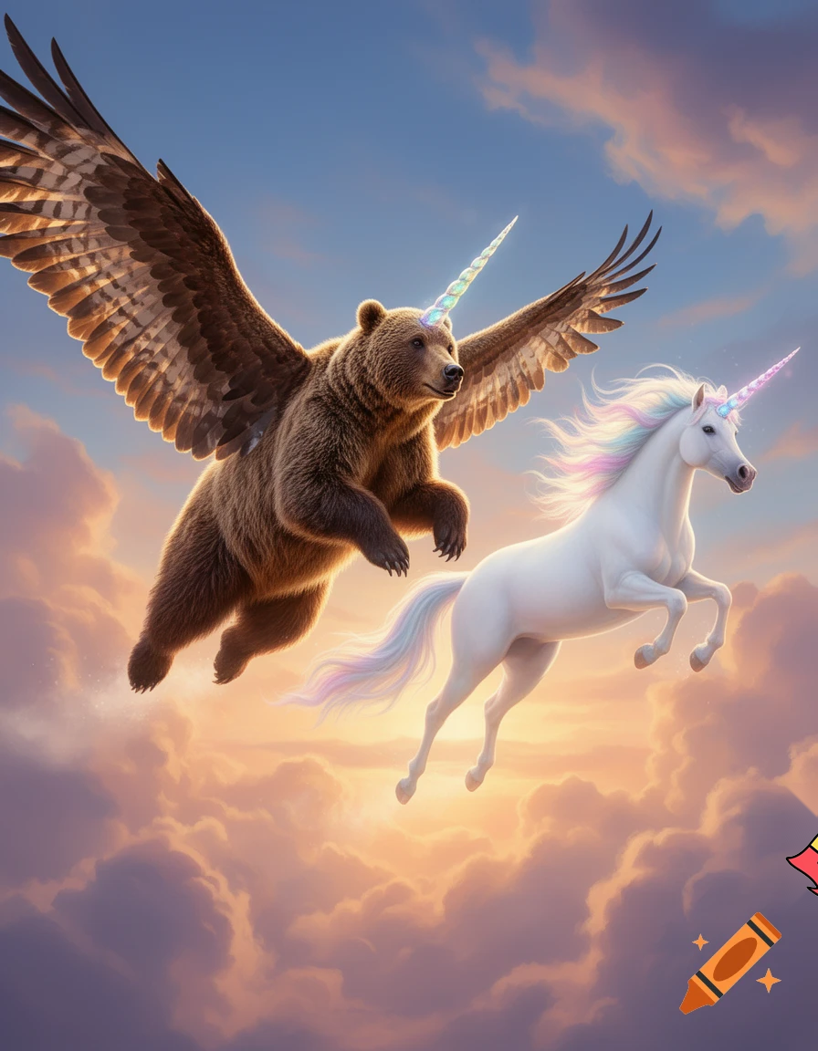 bearicorn flying in the sky with a unicorn together