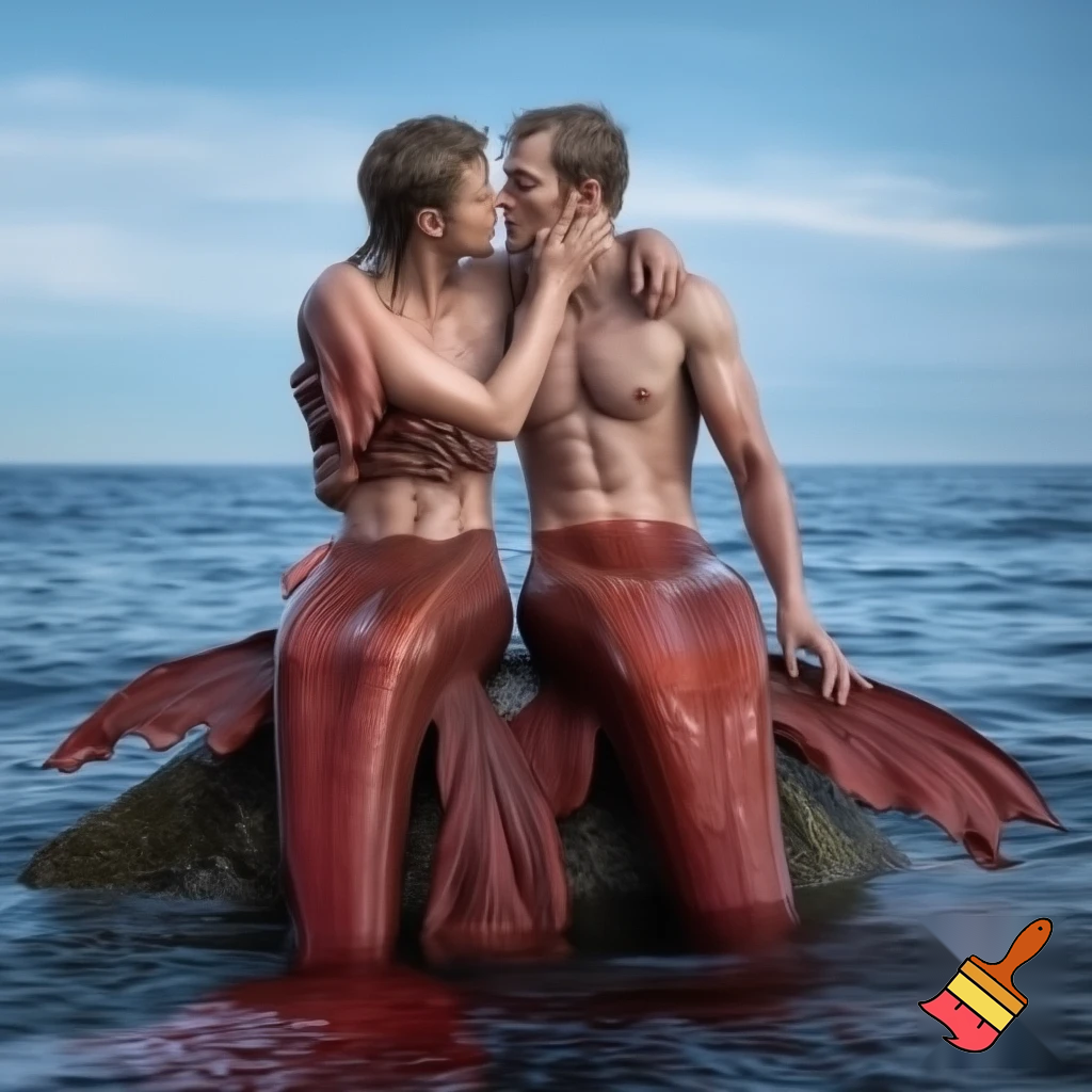 Outdoor photo of realistic shot of two caucasian mermen sitting together on a rock in the middle of the ocean, with one merman having his arm around the other. Their bodies are toned and muscular, with narrow waists and wide shoulders. They have short wet and messy hair. Their bodies are dripping wet. Their waists merge seamlessly into long, deep scarlet fish tails with large frilly fins. They are looking into each others eyes. They are kissing and touching each others chests