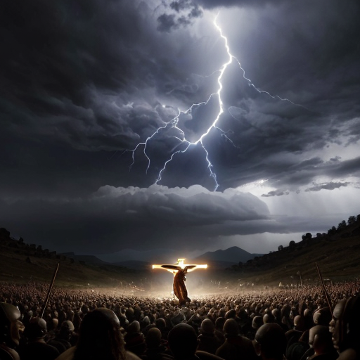 A dramatic biblical scene of Jesus Christ hanging on the cross on a hill called Golgotha, wearing a crown of thorns, blood on his body, suffering expression on his face. An angry crowd around him throwing stones, some people shouting, Roman soldiers standing with spears and armor watching. Dark stormy sky, lightning in the background, emotional atmosphere, cinematic lighting, ultra realistic, highly detailed, 8k, historical biblical painting style.