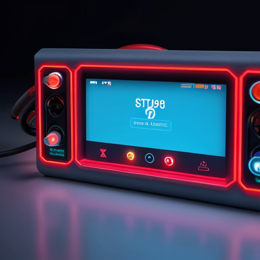 GL918 jump starter and air compressor, streamlined wedge profile (lower front, higher back). Two parallel horizontal ice-blue LED strips on front. Upper strip: above are dual LCD screens side by side. Lower strip: below are five flush touch buttons. Type-C cable in bottom curved recess. Matte dark grey with polished edge chamfers. No handle. Studio shot, dark background, two blue horizontal lines, 8K, --ar 16:9 --v 6.1