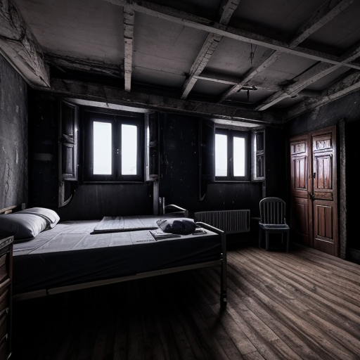 Wide view of boys hostel building, most windows dark, only one room light glowing on upper floor, silent night, suspenseful mood, cinematic horror animation