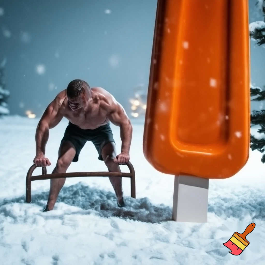 ein mann biegt bei einer großennorangen eissenbieadchiene eisen.. rundum liegt sehr viel schnee, es ist weihnachtszeit