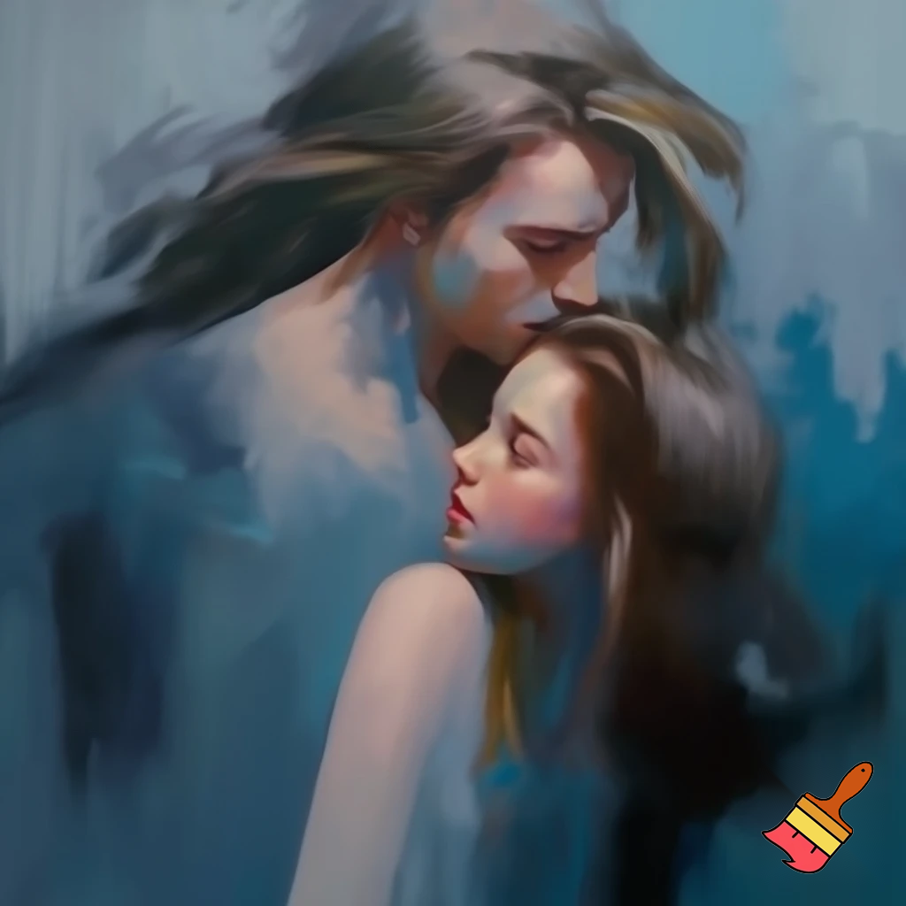oil painting romantic couple man and woman with a long hair love blue and grey modern abstract
