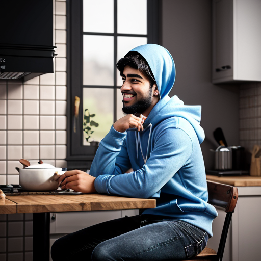 Pixar-style 3D cartoon, bright friendly colors, kitchen scene. Muslim mother, 35-40 years old, fully covered in light blue dress, cooking on the stove. Her son, 20 years old, wearing a blue hoodie and black jeans, short Muslim hairstyle, sitting at the table. Warm lighting, cozy atmosphere, detailed kitchen, natural composition young Muslim man, 20 years old, blue hoodie, black jeans, short Muslim hairstyle, bearded, round face, brown eyes
