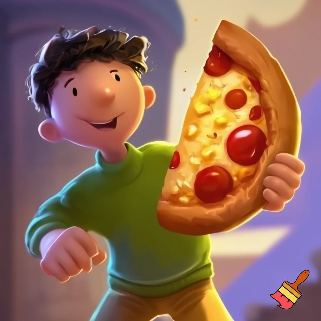 mr. dink from doug holding a cheese pizza