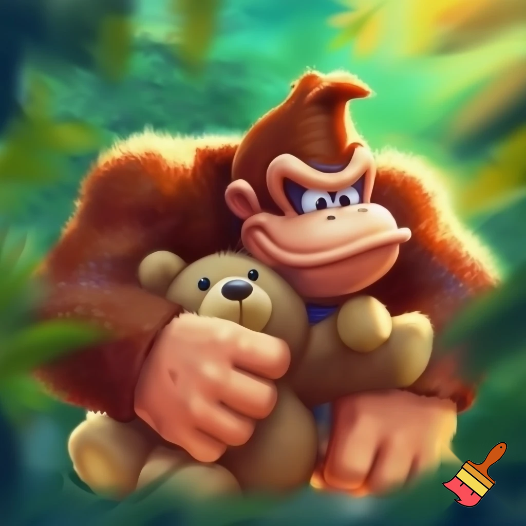 Donkey Kong hugging a teddy bear