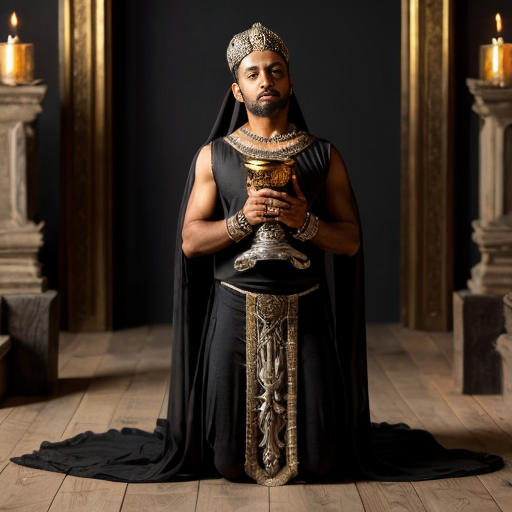 painting. Focus on goddess Desirea, her body covered only by transparent silk veils and thin silver chains. She is leaning forward, offering a glowing ornate chalice. In the foreground, a mature businessman in a sharp dark suit is kneeling, his arms outstretched in desperate supplication to receive the potion. Dramatic contrast between ancient divinity and modern man, ethereal lighting, soft glowing crescent moon, masterpiece, 8k."