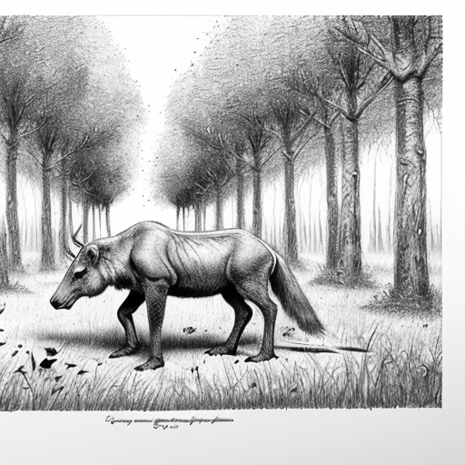 black-and-white illustration, pencil-like, depicting wildlife in a forest, layout vertical