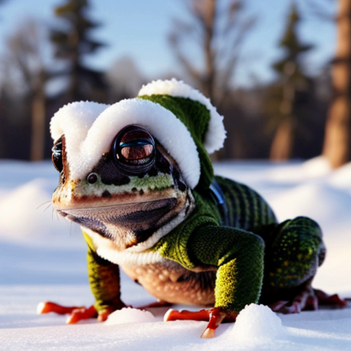 A laughable, puzzled animal toad in woolen, multicoloured winter clothings with woolen winter cap. Hyperrealistic art style.