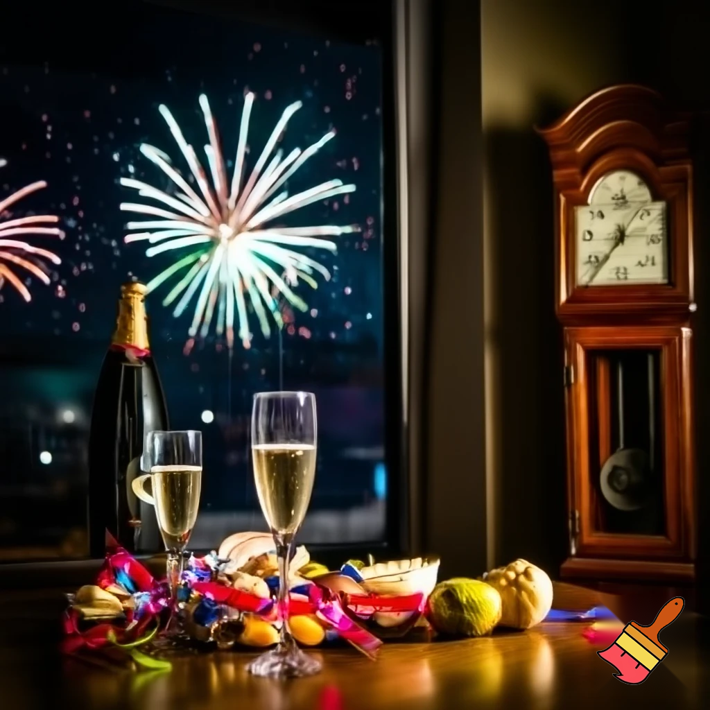 on the table there are two glasses of champagne, a bottle, streamers, snacks and fruit, next to it there is an old clock, the hands of the clock are at 12 o'clock, in the background there is a window and fireworks outside the window