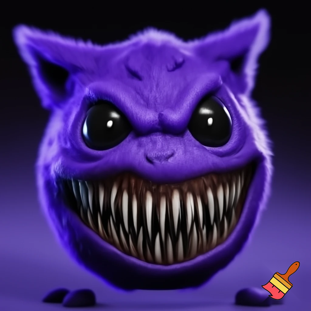 big purple monster it was shaped like a round thing with ears like a cat it had black eyes except for its tiny pupils that were a piercing white it had a wicked smile for such a short creature it had thousands of skinny razor like teeth in its mouth