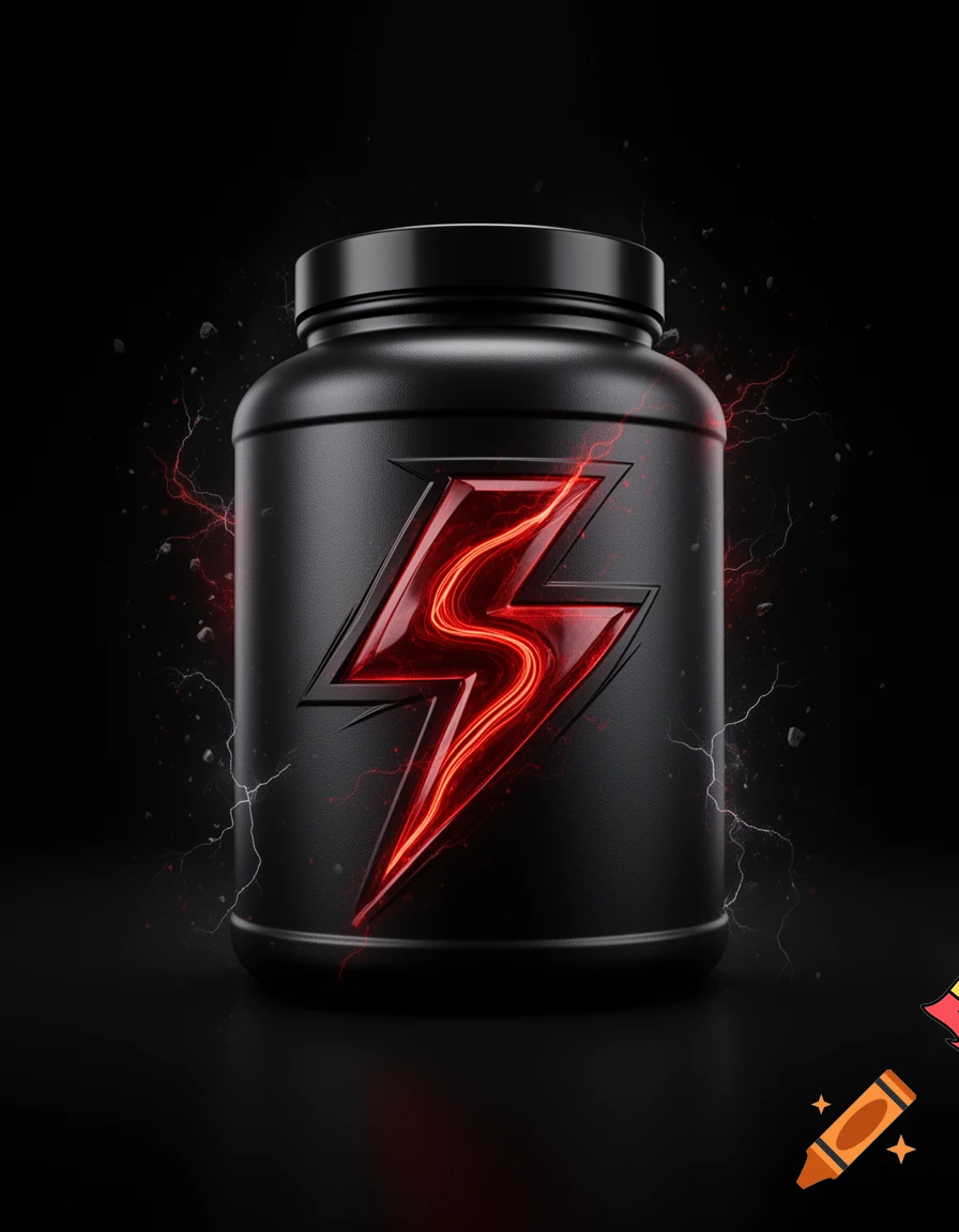 Create a high-end conceptual branding image for a pre-workout supplement called Spartan Rage.

The main symbol is a vertical lightning bolt shaped like an S, aggressive, sharp, fast. Inside the bolt there is a flowing wavy energy line, representing power activation, blood, lava and internal charge.

The logo must feel iconic, simple, memorable and scalable for global brand use.

Scene: premium advertising presentation. Black background, dramatic cinematic lighting. The jar is matte black with metallic finishes.

The lightning logo appears in glossy deep red with UV varnish, embossed relief and subtle metallic reflections.

Mood & message: speed, impact, explosion of energy, warrior mindset, elite performance.

Style: modern sports branding, Nike-level art direction, Behance case study, ultra realistic, 8k, sharp focus.

Include floating particles, subtle electricity, light streaks suggesting movement and power.

Camera: hero shot, slightly low angle, studio advertising photography.

Color palette: black, dark gray, intense red, electric highlights.