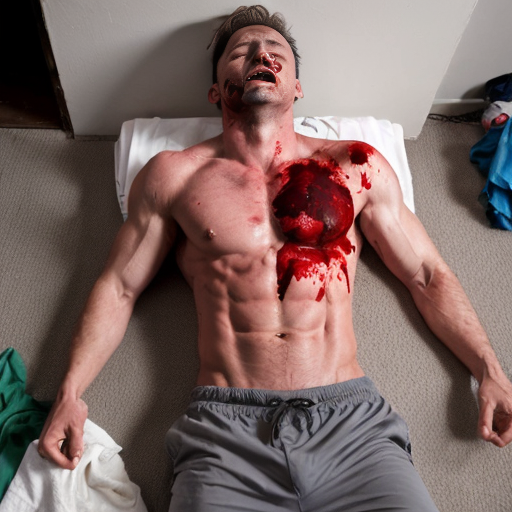 shirtless random man (neighbor, not everyone has abs or 6 pack.), face are hiding by shirt, died already, chest are open wounded circle in random man, blood everywhere, eye closed, floor on corpse body, not pant less.