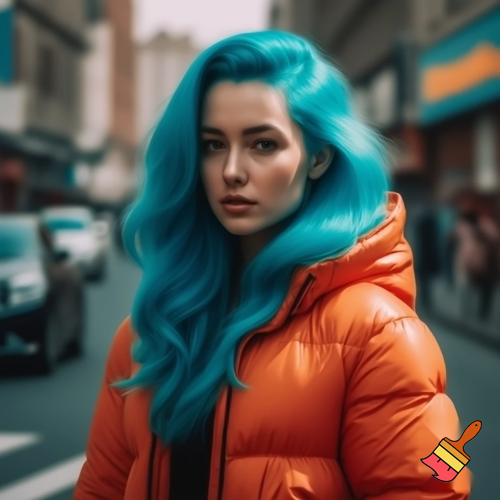 a girl with blue hair and a orenge jacket