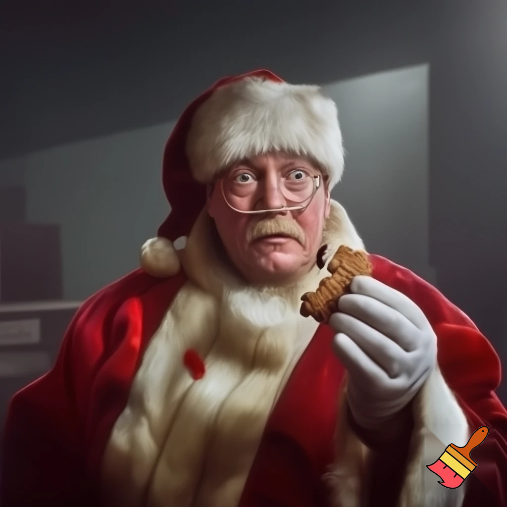 Adolf Hitler in a Santa suit eating cookies