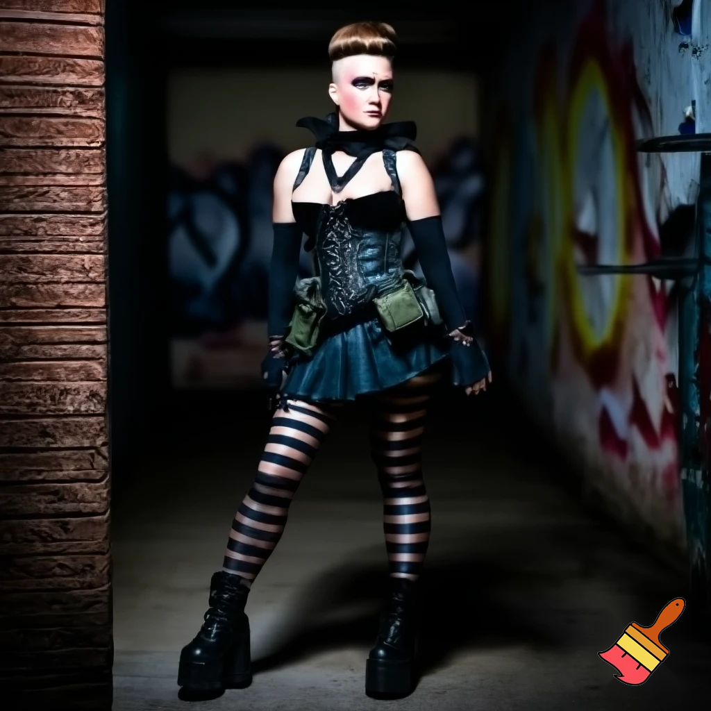 Attractive woman with an undercut and bold makeup wearing a collar, arm warmers, a corset, a body belt, a pleated skirt, vertical striped stockings and platform boots 