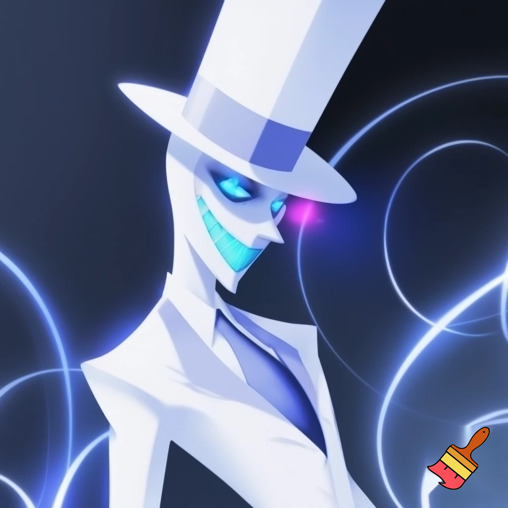 alastor wearing a white tophat with light graident, his suit is white and with light blue graident, his eyes are blue, his skin is white, and his teeth is bright light blue. anime style