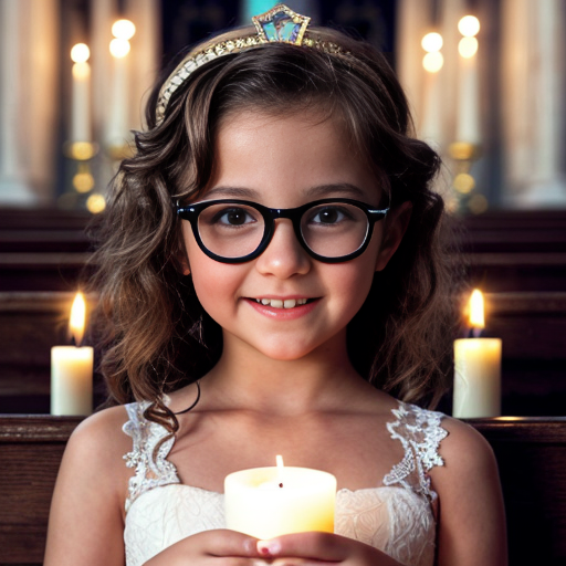 Cute adorable niña Chilindrina glasses con hair curly Blonde con corona Flores con verano elegante formal primera comunión sensual sexy con holding vela dé candela con altar con iglesia templó católico 3