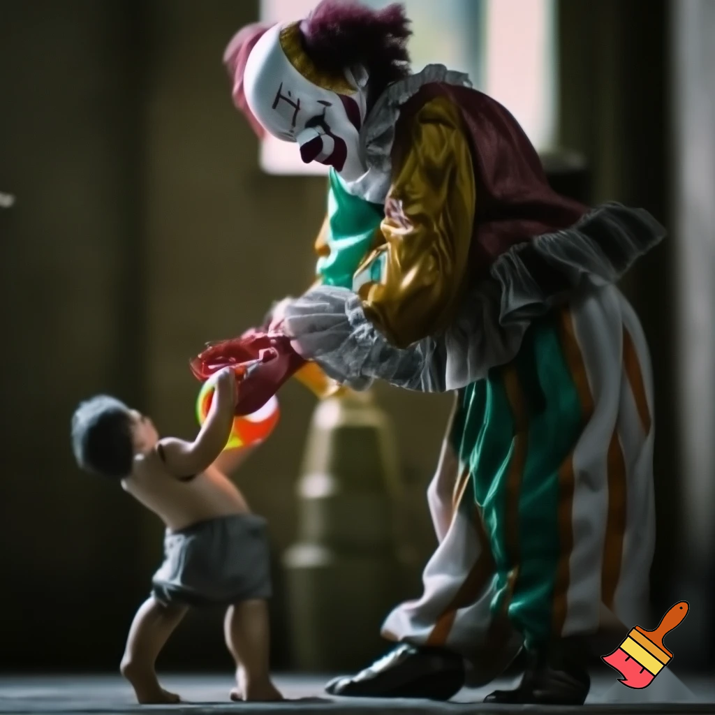 
A realistic full-body scene of a sad clown with detailed makeup and a colorful costume, standing quietly while a small child gently offers him a ball. The atmosphere is emotional, tender, and heartwarming, with natural lighting, detailed fabric texture, and cinematic realism.