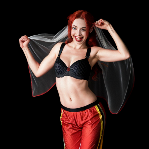 90's disney's 2d aladdin style comic black background and panels of 
panel 1 Harley Quinn with light black and red striped harem pants and bra and black and red curved slippers with both hand palms place together and hiding the bottom of her mouth with a light black and red striped veil wrapped around her arms and shoulders. 
panel 2 she danced with light black and red striped harem pants with light black and red striped bra and red and black curved slippers and with light black and red striped veil wrapped around her arms and shoulders and raising legs and bounced up and down her belly and shook her hips left and right. 
panel 3 as Harley Quinn with light black and red striped harem pants and bra and red and black curved slippers and with red and light black striped veil wrapped around her shoulders and arms and spreading her arms, happily revealing her face to the viewer and giving a smile as she shook her belly left and right. 
Panel 4 Harley Quinn with light black and red striped harem pants and bra and black and red curved slippers and with light black and red striped veil wrapped around her shoulders and arms has started to fading away , except her belly, which is bouncing around and growing. 
Panel 5 then the ball transforms into the fading in belly of Giant red haired giganta barefoot with dark yellow spotted yellow harem pants and bra and dark yellow spotted yellow veil wrapped around her arms and shoulders with her swaying her hips. 
Panel 6 red haired giganta barefoot with dark yellow spotted yellow harem pants and bra and dark yellow spotted yellow veil wrapped around her arms and shoulders then she is flexing her muscled arms.