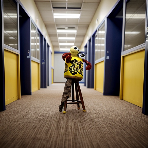 A creature with a yellow smiley ball for a head and a rusty, distressed red metal barrel body stands at the center of a corridor in the Backrooms. It has thin, wire-like arms with white gloved hands, springy legs, and worn-out shoes. The Backrooms environment features endless hallways, yellow patterned wallpaper, fluorescent ceiling lights, and a dirty, worn carpet. A cardboard box and a chair can be seen in the distance, while dust motes float in the air. The perspective is a full-body shot.