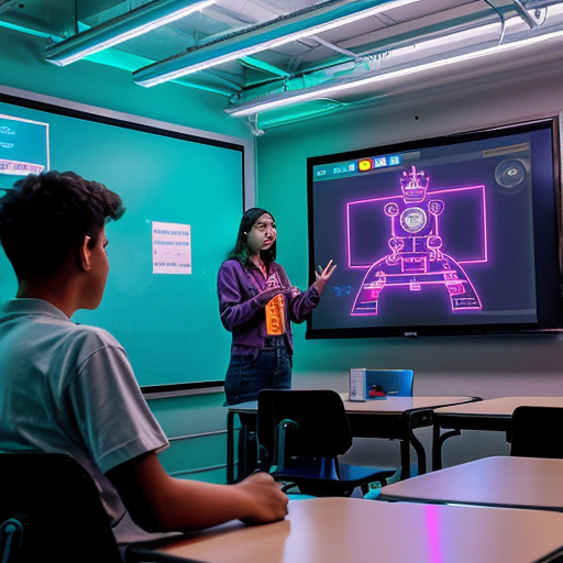 a robot teaching students in a holographic ai powered smart classroom ,digital screeens ,neon lighting
