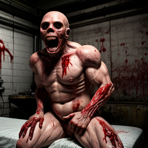 Photorealistic horror scene, a grotesque humanoid creature sitting upright on a dirty hospital bed in an abandoned industrial medical room, extremely detailed, cinematic lighting.

The creature has pale yellowish waxy skin, a muscular female torso with visible breasts, ripped open chest cavity exposing bloody red guts, intestines and sausages spilling out. Multiple thick fleshy pale-yellow tentacles and bloated tubes emerging from its back and shoulders, wrapping around its body. Its face is a monstrous screaming expression with huge bulging black eyes, wide open mouth showing tongue and teeth, distorted horror features.

Blood splatters everywhere on the white sheets, on its body and hands. It wears a black wristwatch on its left wrist. Lower body has more thick tentacles emerging from the groin area. Background shows rusty pipes, valves, old medical machinery and dim industrial lighting.

Highly detailed skin texture, realistic blood and gore, wet shiny surfaces, visceral body horror, photorealistic, 8k, ultra realistic, cinematic, grim atmosphere, horror movie still --style raw