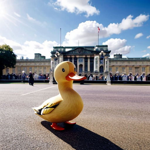 "Duckingham pallace" : buckingham palace with a duck theme, the pallace itself is yellow and rubbery, cartoon-like.