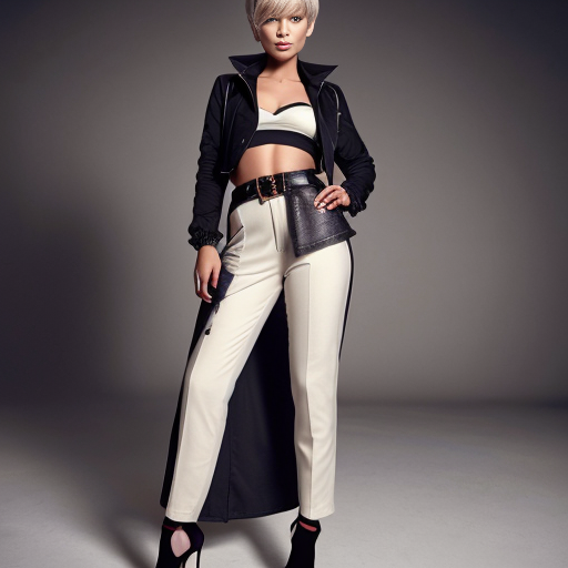 Attractive woman with an ash blonde pixie cut and a slim build wearing bold makeup wearing a cropped jacket, a bandeau top, cigarette pants with a belt and chunky heels 