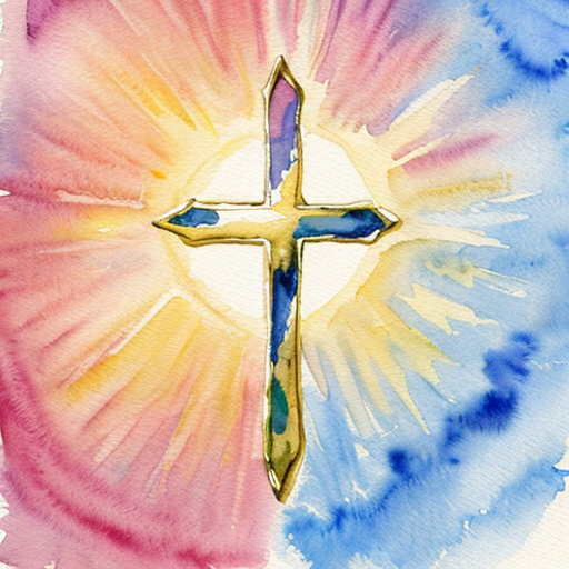 A golden cross above the sky with a small golden scroll and sword and above it a rainbow