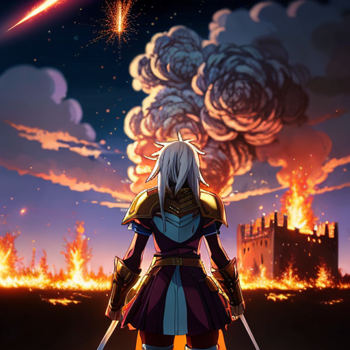 young, tall, white-haired woman in armor stands in front of a burning castle into which meteorites are falling.