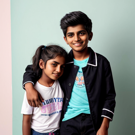n Indian boy holding an Indian girl with his hands. 
The girl gently kisses the boy’s forehead. 
They both look like 21-year-old college students. 
The boy wears a light green shirt and black pants. 
The girl wears black pants, a sky blue top, and a black coat with shortand button closed . 
The girl’s skin tone is slightly darker than the boy’s. 
Background: a room with a plain white wall. 
The girl’s hair is tied neatly, like in a uniform style. 
Style: soft watercolor painting. 
Aura glow: pastel aura (pink + blue mix)