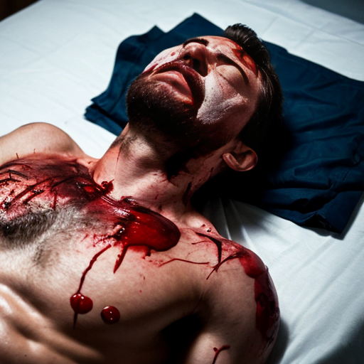 A corpse shirtless man, died, face are hiding by shirt, eye closed, chest opened wounded, blood everywhere