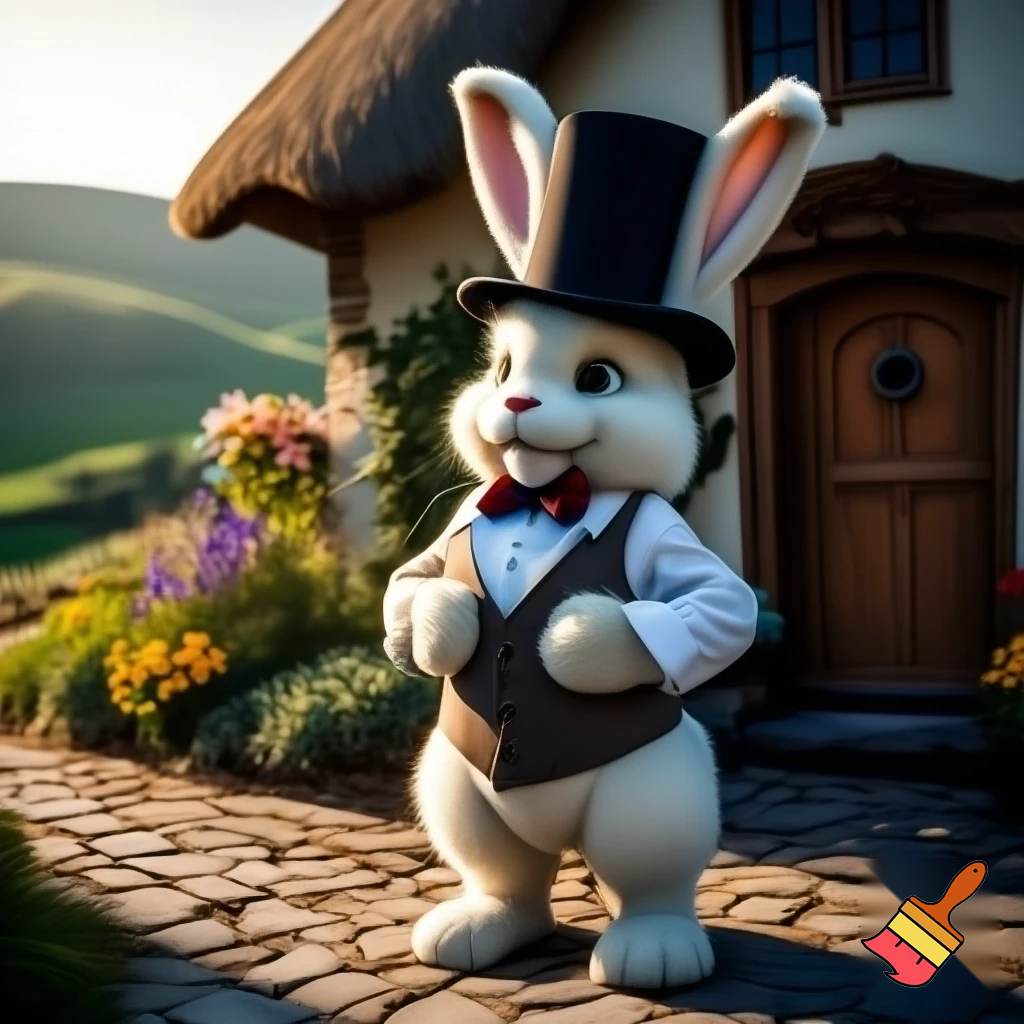 Easter bunny mascot top hat costume his house