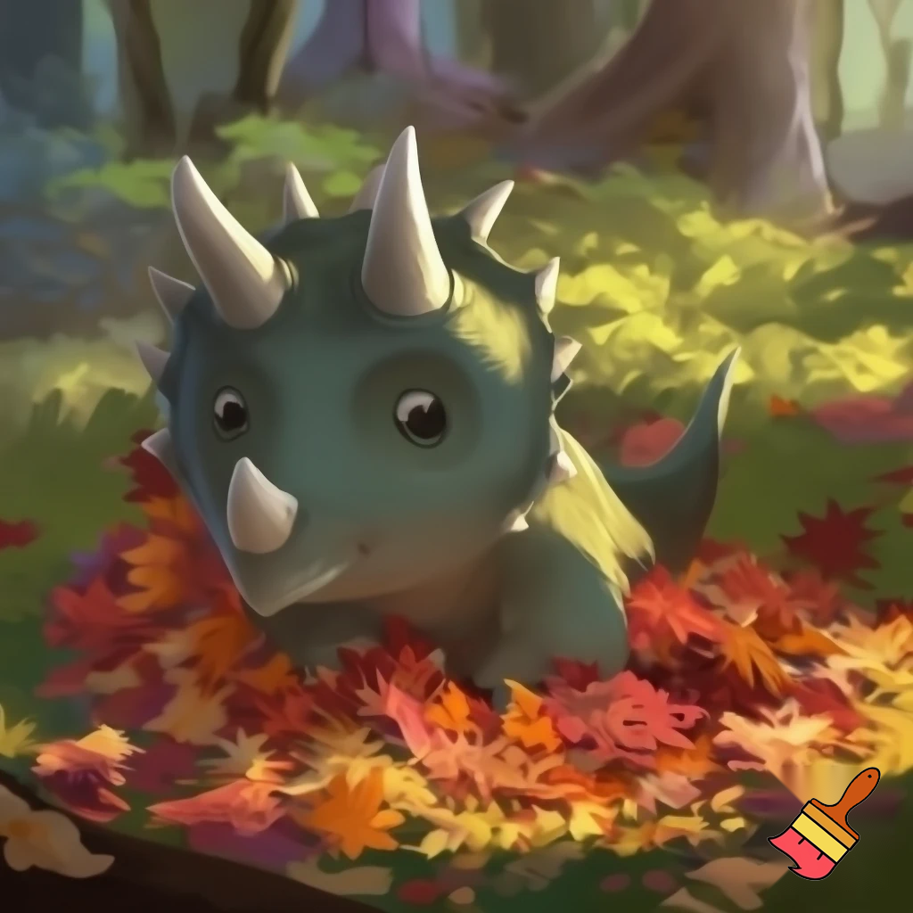 Draw a cute baby triceratops In the wild covering his head in a pile of leaves 