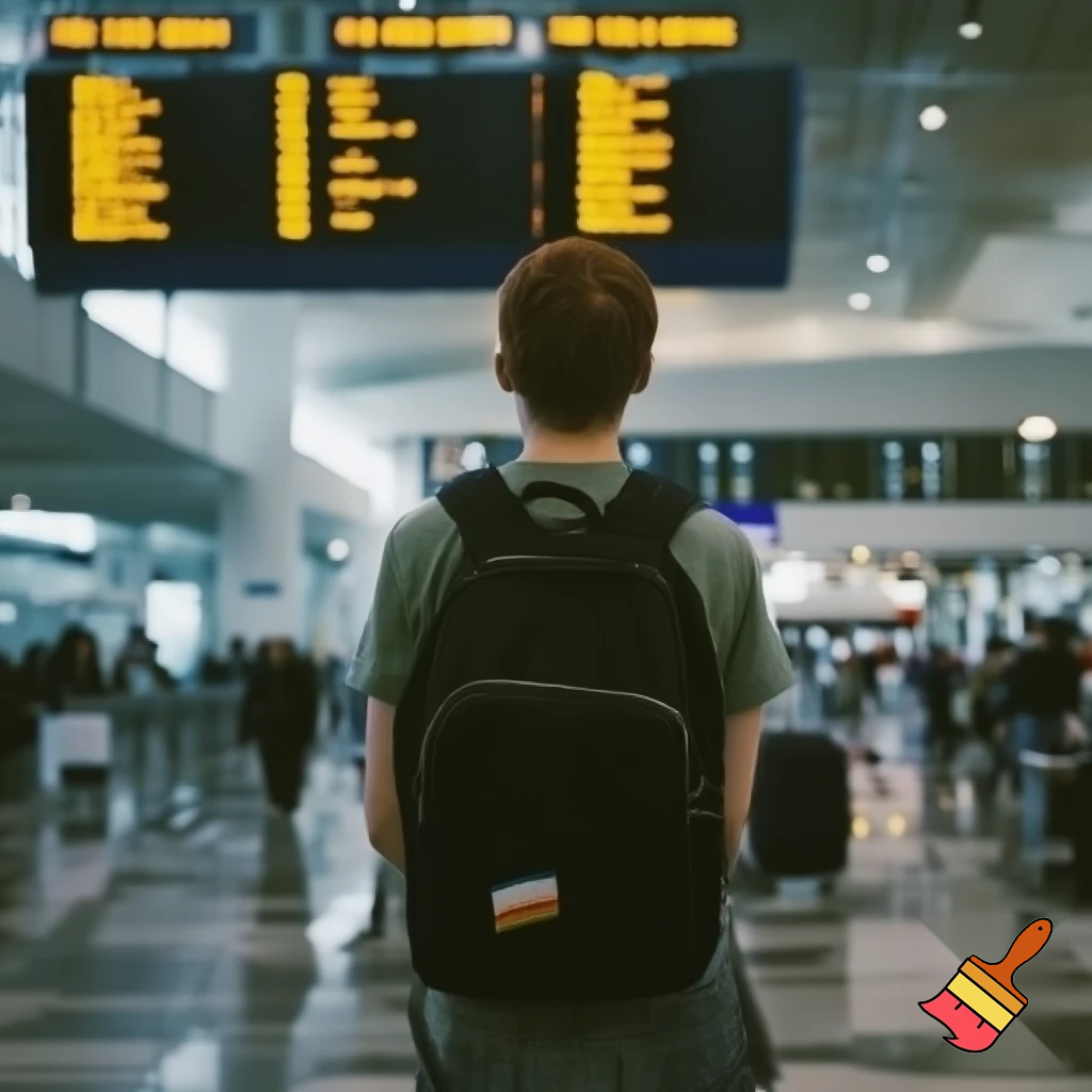 „Eine authentische Szene in einem modernen Flughafen. Man sieht eine junge homosexuelle Person von hinten, lässig gekleidet, vielleicht mit einer leichten Andeutung von Pride-Accessoires wie einem kleinen Regenbogen-Patch am Rucksack. Die Figur steht aufrecht, schaut auf die großen Abflugtafeln. Um sie herum herrscht realistisches Flughafenlicht: kühle, klare Beleuchtung, leichte Spiegelungen auf dem Boden, Menschenströme in der Ferne. Der Fokus liegt auf der Person und ihrem Rucksack, die Atmosphäre wirkt lebendig und glaubwürdig. Keine übertriebenen Farben oder künstliche Posen, sondern eine natürliche Momentaufnahme im Stil eines dokumentarischen Fotos.