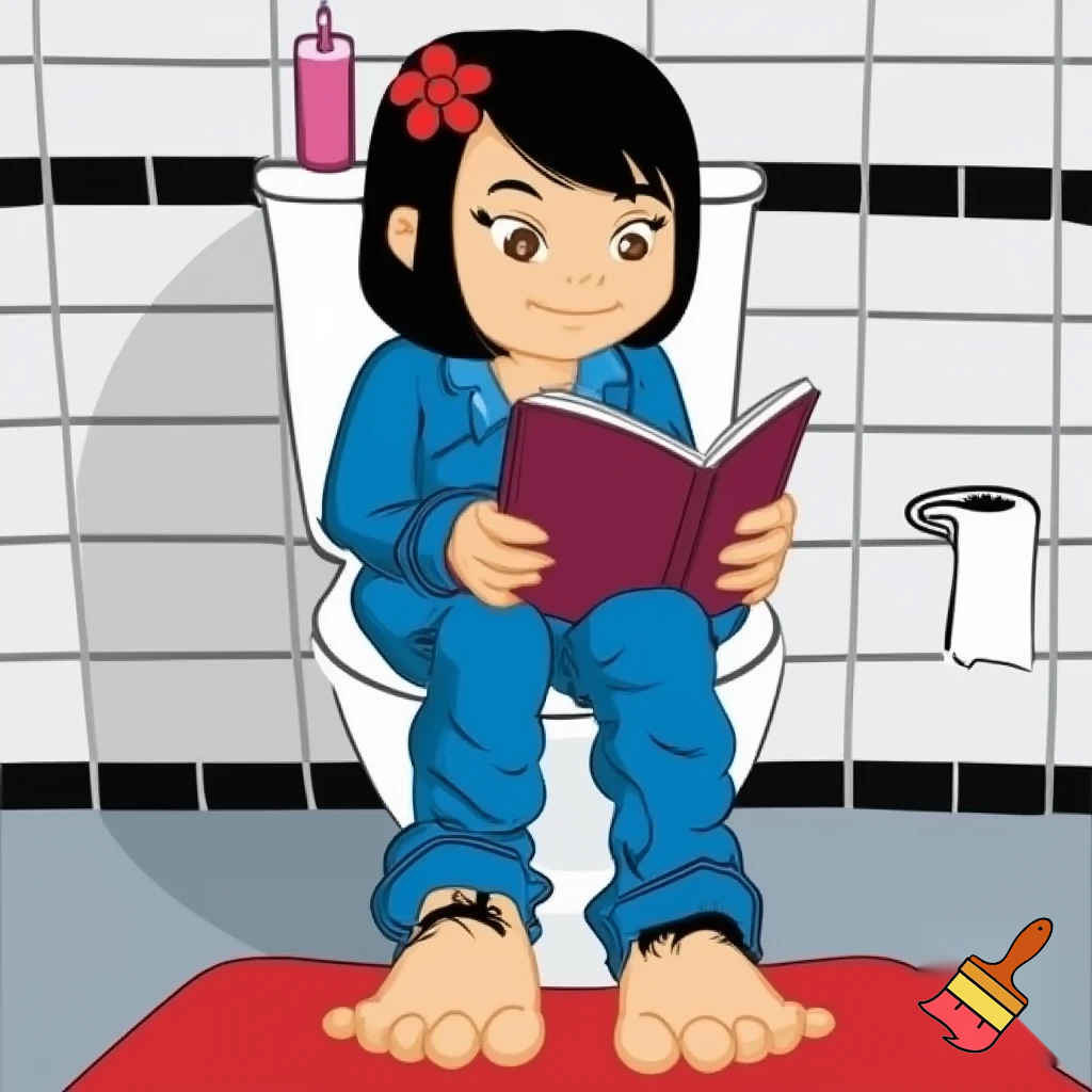 Chinese teenage girl, brown eyes, small sized breasts, black Bob haircut, mascara on her eyelashes, red flower in her hair, wearing blue long sleeved pajamas, pajama pants pulled down and around her ankles, bottomless, barefoot, sitting on a toilet, smiling with her mouth closed and reading a book with burgundy cover, white tiled walls with black half border tile, pale grey flooring, red bath mat on the floor in front of the toilet, toilet paper in a toilet paper holder on the right hand side of the image, pale pink air freshener canister standing on the toilet cistern behind her, black pubic hair on her crotch.