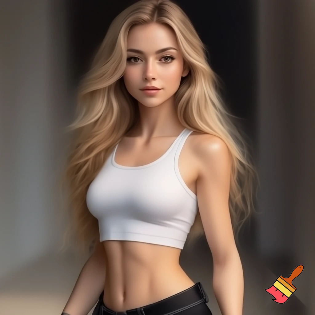 Photorealistic portrait of a blonde woman, approximately 22 years old, with long legs and a slim, athletic figure. She has long, naturally flowing blonde hair, light-colored eyes, oval face, almond-shaped brown eyes, average eye spacing, slim straight nose, naturally full lips, soft facial features, harmonious proportion , big boobs and delicate, harmonious facial features. Her overall presence is confident, natural, and modern.  Natural daylight. white croptop, black jeans.” 