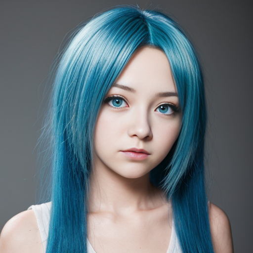 Simple anime. Female. Blue hair. Blue eyes. Head shot.