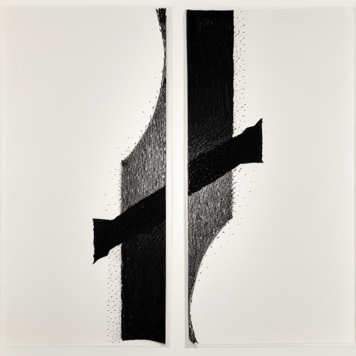 "Abstract diptych art piece titled 'Pas de Deux' in the style of Ursula Voigtmann. Two vertical panels side-by-side with a continuous flow of lines connecting them. Fine etching style, minimalist abstract landscape inspired by Monistrol-d’Allier. Rhythmic, delicate black ink lines on textured off-white handmade paper. Deep artistic intaglio texture, subtle organic shapes suggesting cliffs and motion. Elegant, airy, and sophisticated graphic art."