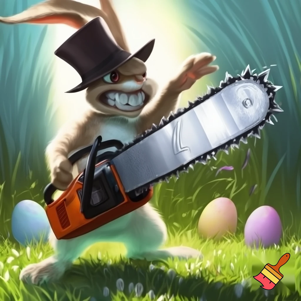 Easter bunny with a chainsaw with a top hat mascot costume