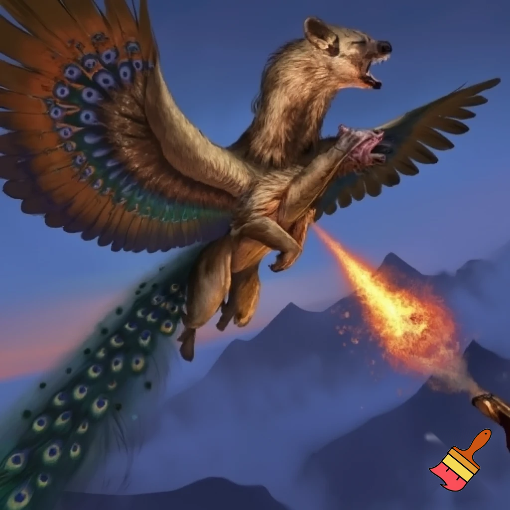 Half peacock half hyena flying with a blowtorch